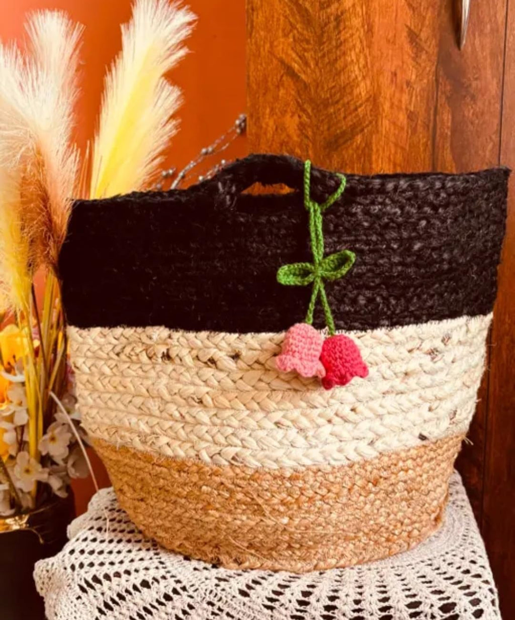 Handwoven Jute Storage Basket, Tricolor Black, Natural and Tan, Crochet Flower Accent