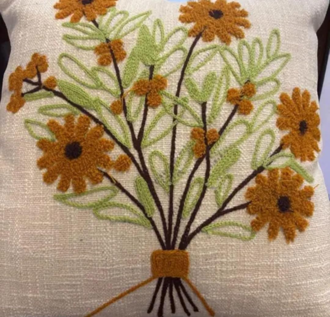 Handmade Floral Embroidered Throw Pillow Cover, Daisy Bouquet Design, Beige, Boho Living Room Decor