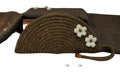 Handwoven Straw Clutch Purse with White Floral Accents, Brown, Half-Moon Design