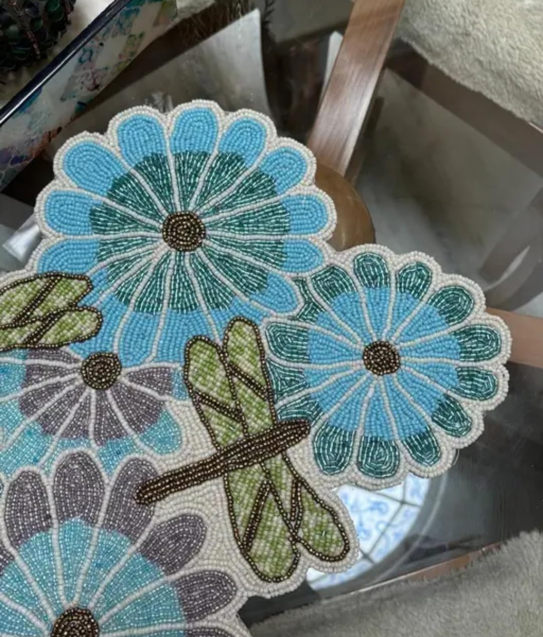 Beaded Table Runner with Floral and Dragonfly Design, Blue and Purple, Handcrafted