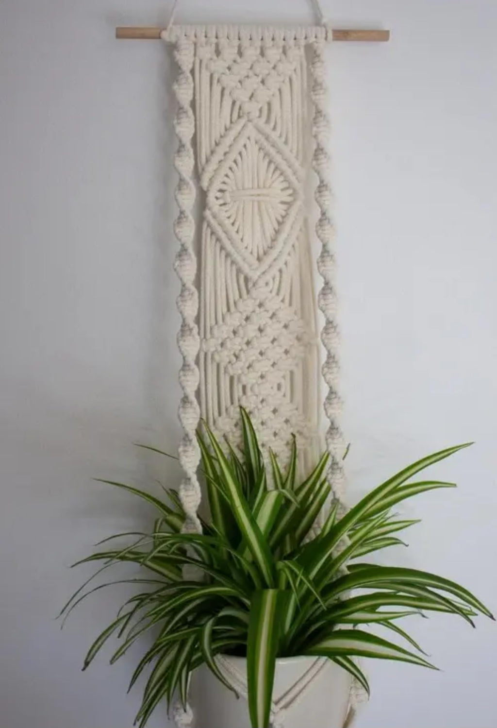 Macrame Plant Hanger Wall Decor, Handwoven Cotton Rope with Wooden Rod, Boho Home Decor, Cream White