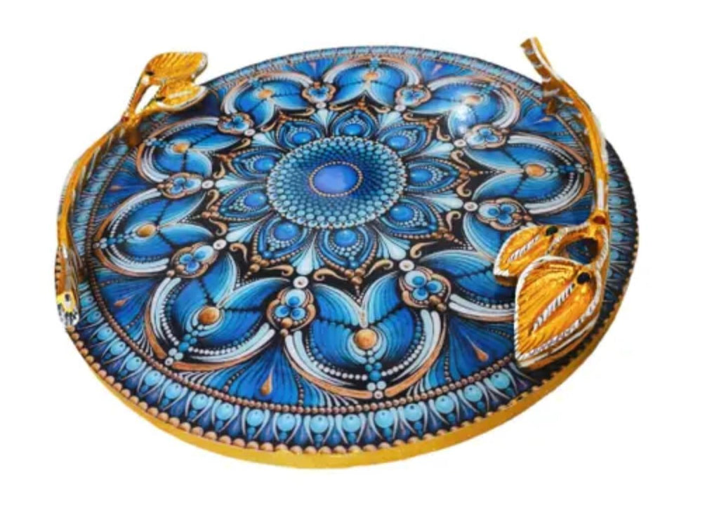 Decorative Round Serving Tray with Mandala Pattern, Blue and Gold, Hand-Painted Floral Design, Ornate Metallic Handles