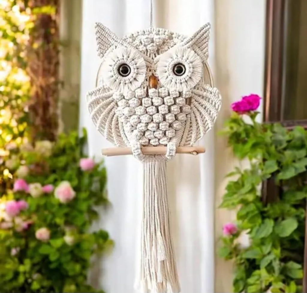 Macrame Owl Wall Hanging, Handwoven Boho Decor, Natural Cotton, Wooden Perch, Beige