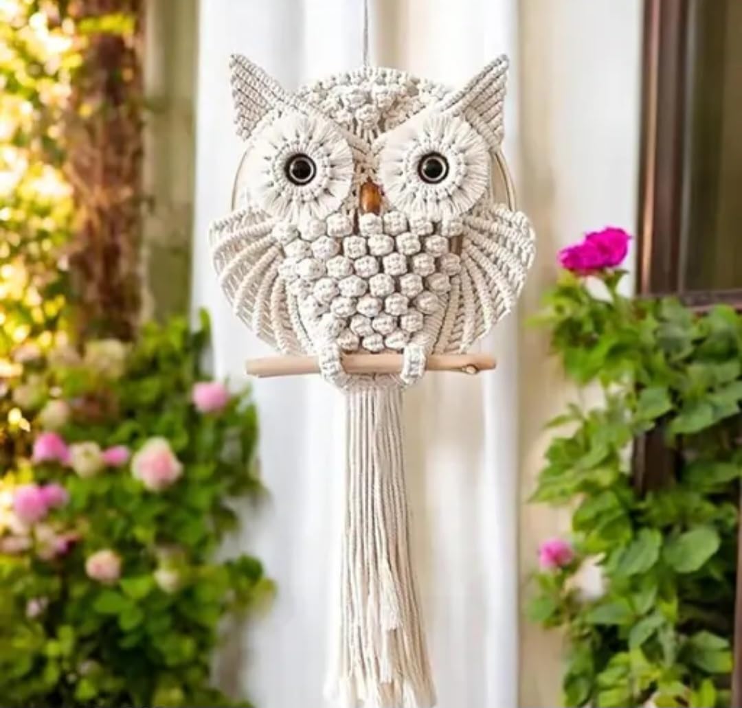 Macrame Owl Wall Hanging, Handwoven Boho Decor, Natural Cotton, Wooden Perch, Beige