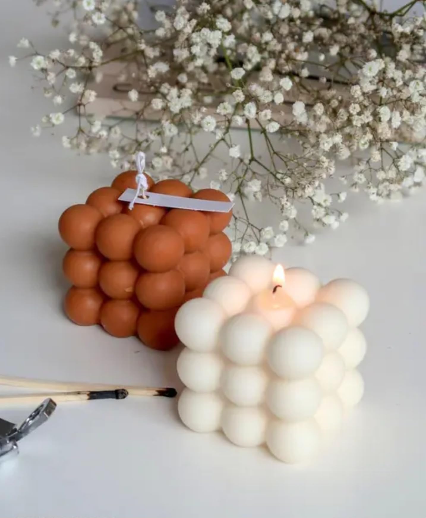 Bubble Cube Decorative Candle Set, Orange and White, Modern Design with Baby's Breath Decor