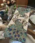 Beaded Table Runner with Peacock Design, Blue and Green, Embroidered Tapestry Style