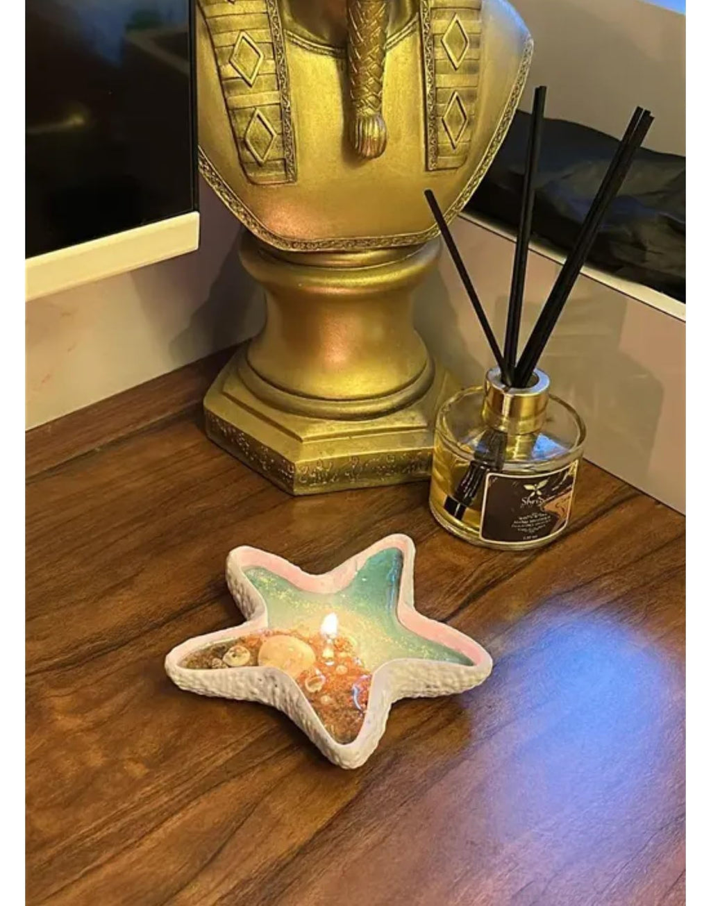 Decorative Starfish Tealight Candle Holder, Ceramic, Iridescent Blue-Green Finish