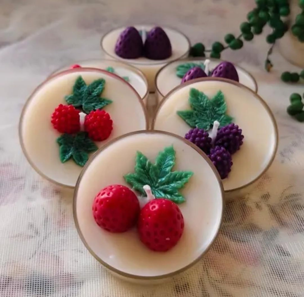 Fruit Themed Decorative Candles, Strawberry and Grape Design, Set of 5, Wax, Round