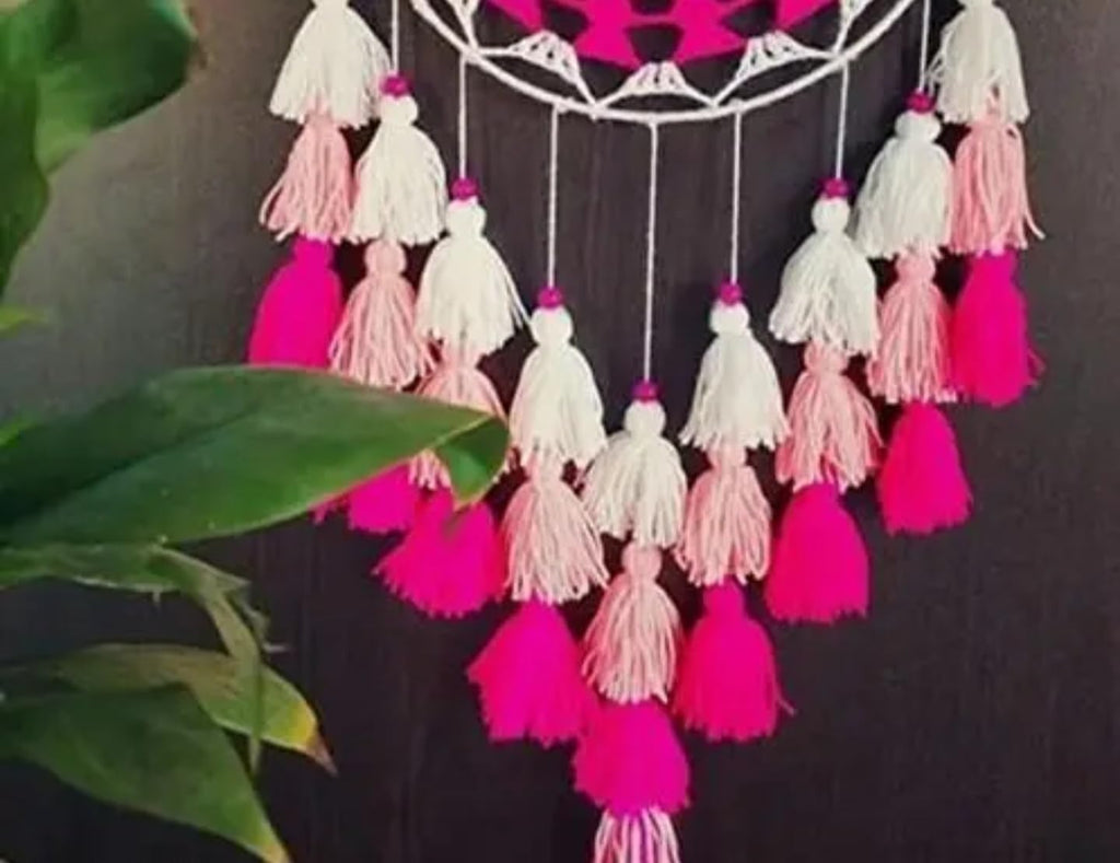 Handmade Dream Catcher with Crochet Design, Pink and White Tassels, Large Boho Wall Decor
