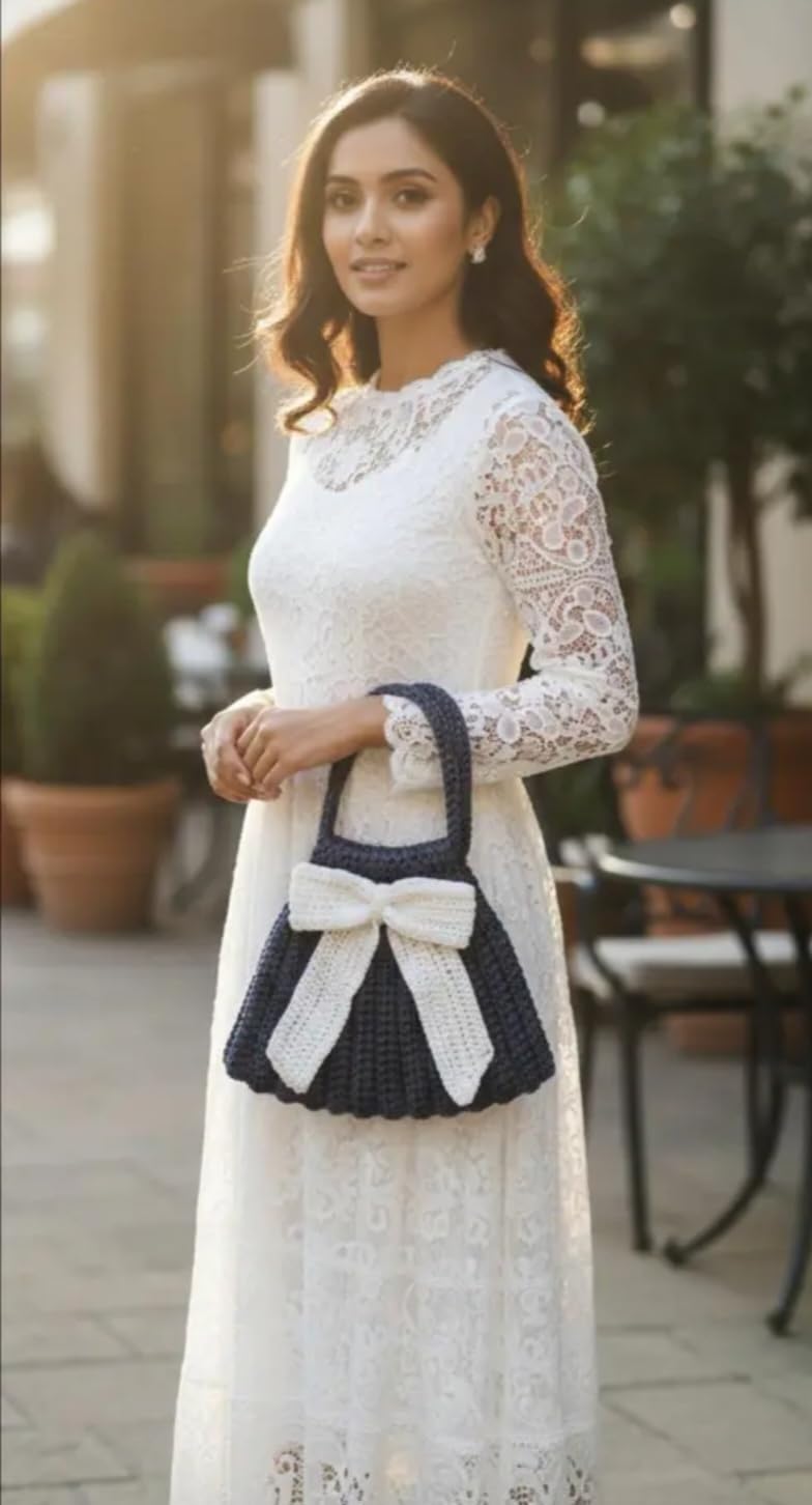 Handmade Crochet Handbag, Navy Blue with Cream Bow, Knit Purse, Boho Chic Style