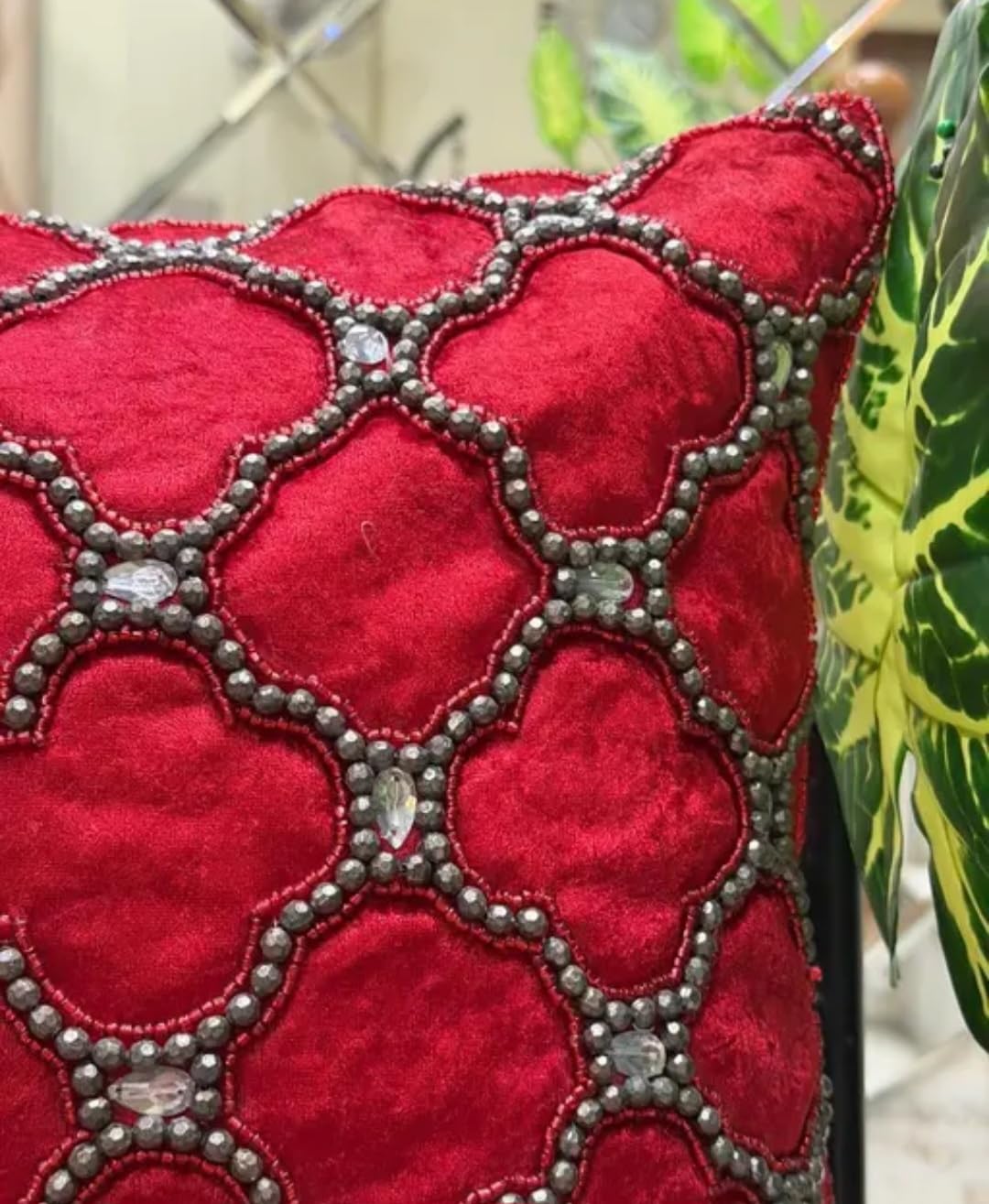 Red Velvet Decorative Cushion Cover with Silver Beaded Quatrefoil Embroidery, Sofa Throw Pillow