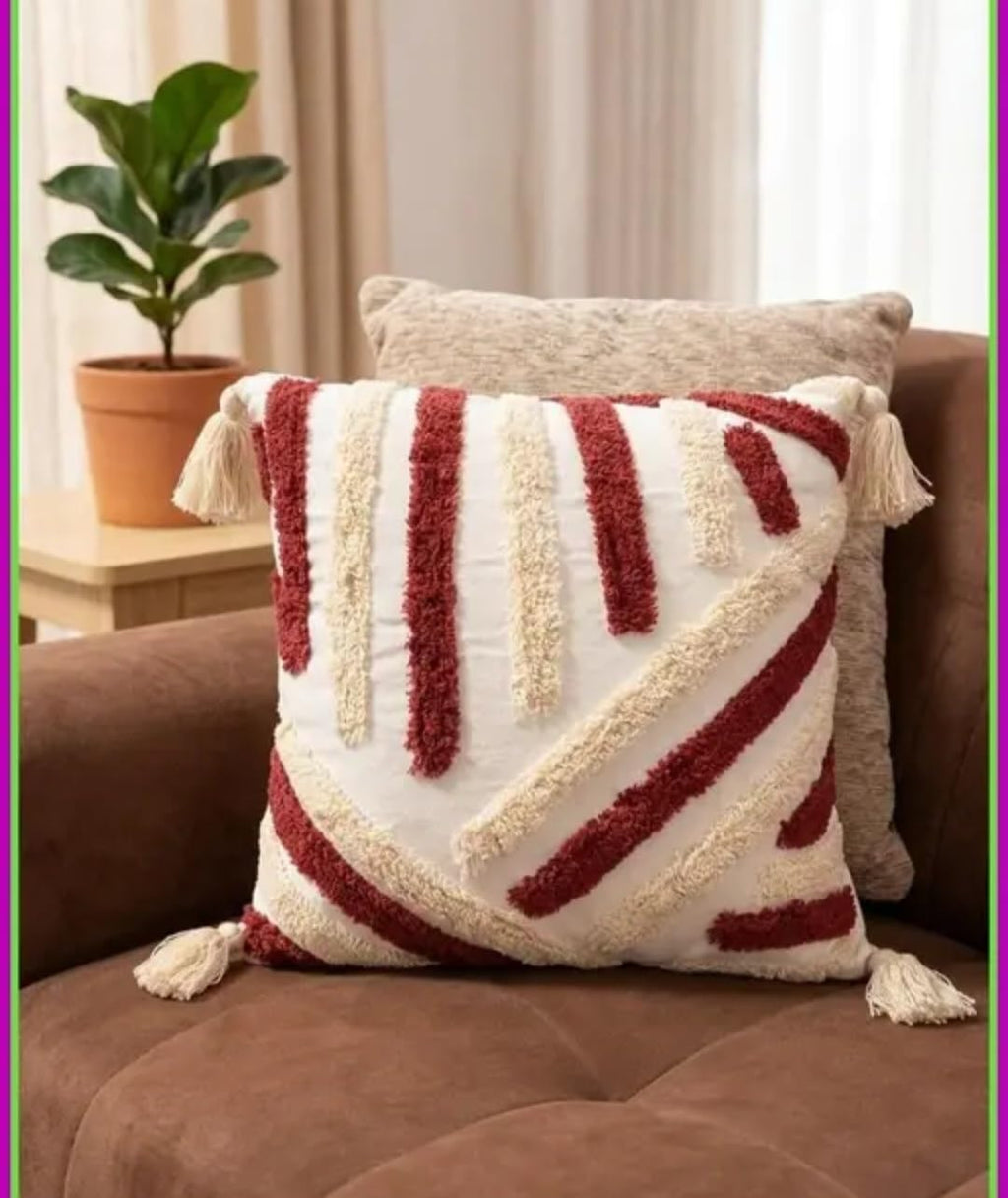 Boho Tufted Throw Pillow Cover, White and Red, Striped with Corner Tassels, Decorative Cushion Cover