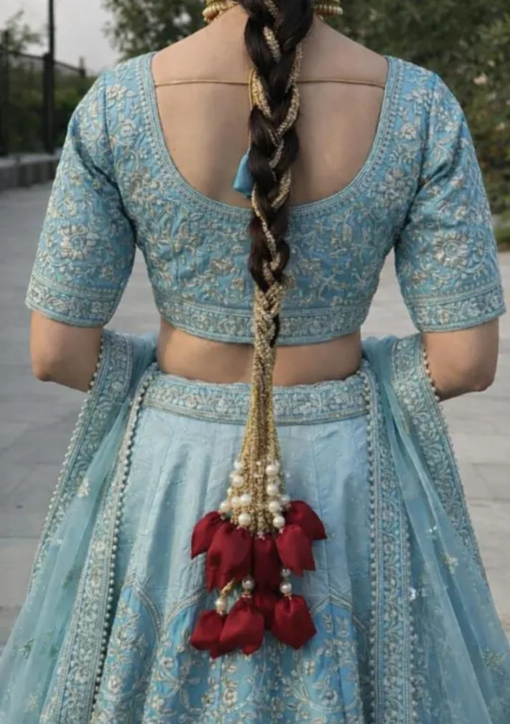 Bridal Braid Hair Chain, Gold Tone with Red Tassels and Pearl Beads, Traditional Indian Style, paranda