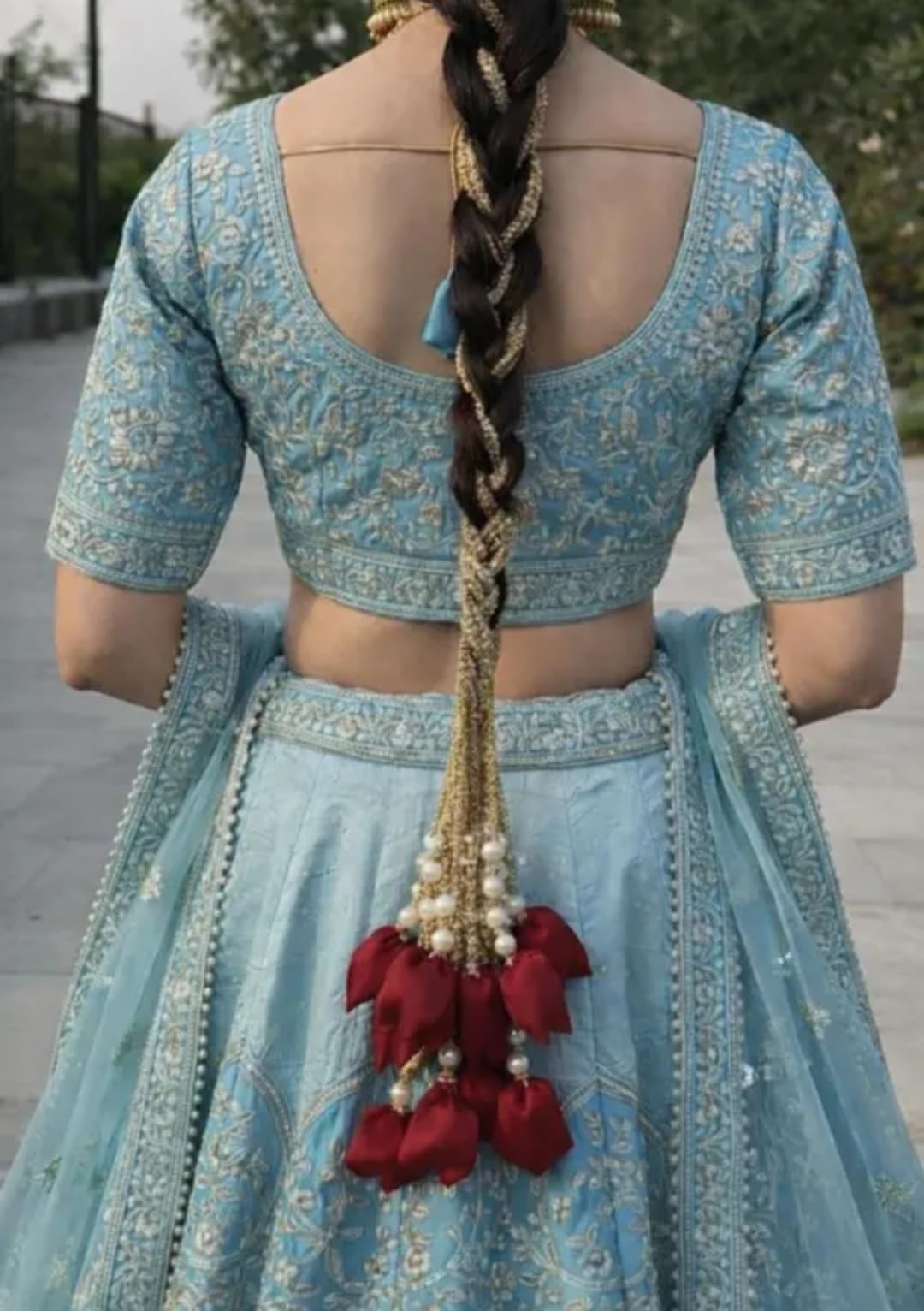 Bridal Braid Hair Chain, Gold Tone with Red Tassels and Pearl Beads, Traditional Indian Style, paranda