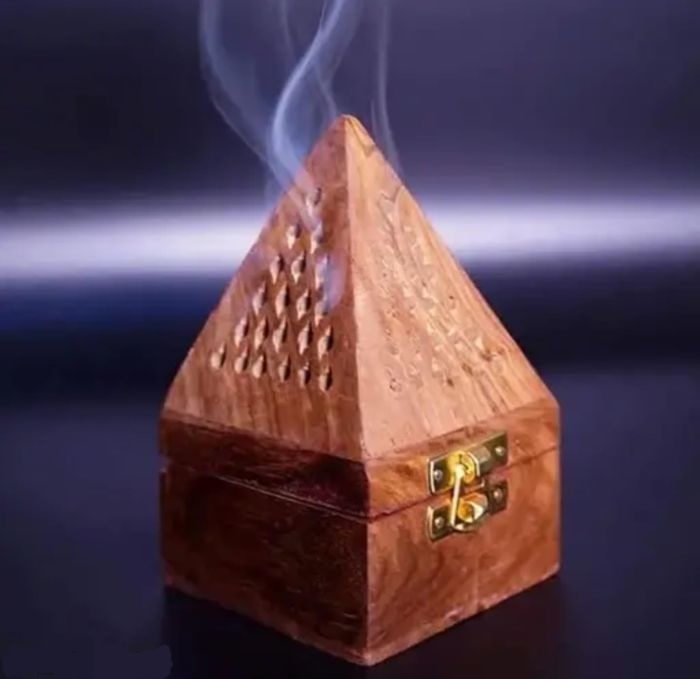 Wooden Pyramid Incense Burner Box with Brass Hinges, Carved Design, Smoke Flow Pattern, Cone Holder for Home Meditation
