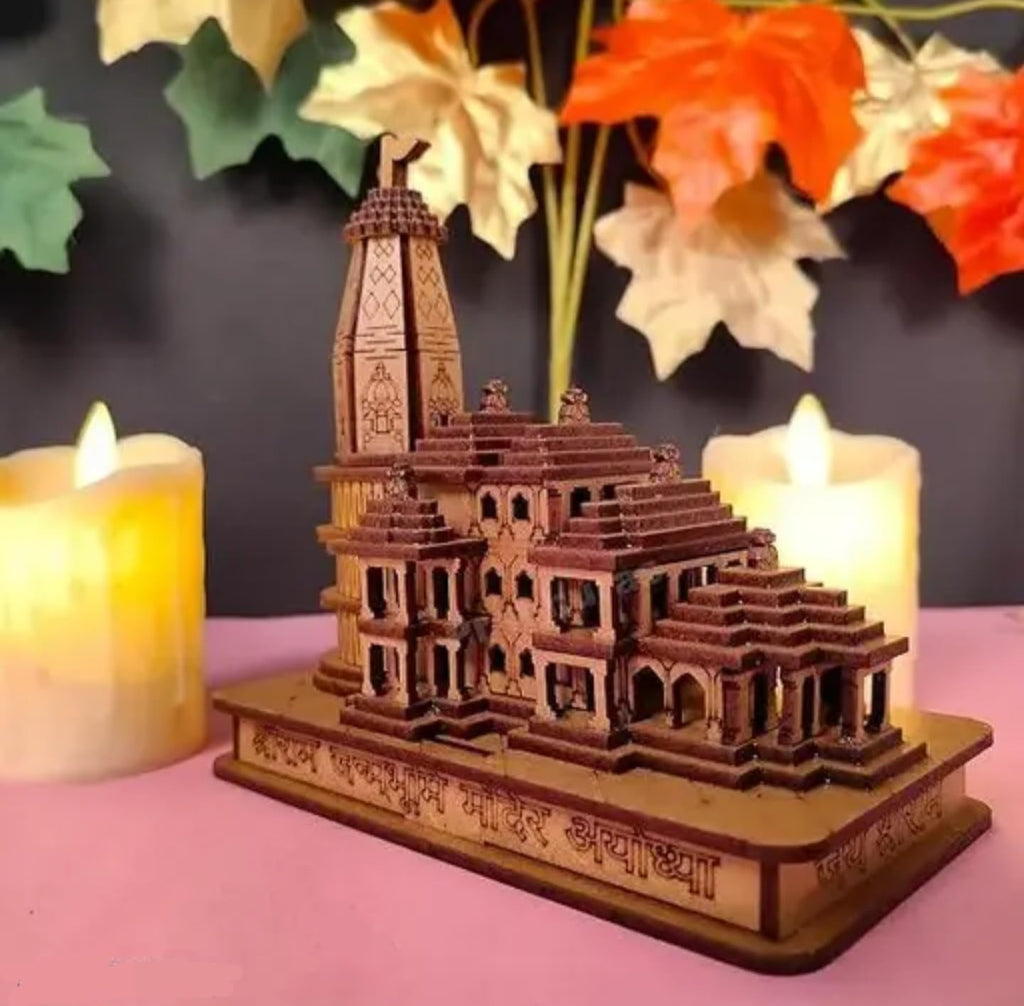 Handcrafted Wooden Temple Model, Ram Mandir, Traditional Mandir Design, Brown and Beige, Decorative Religious Architecture, Desktop Size