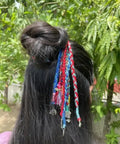 Handmade Boho Braided Hair Extension, Red Blue Silver Multi-Color, Decorative Clip-in Braid with Charms, Festival Style