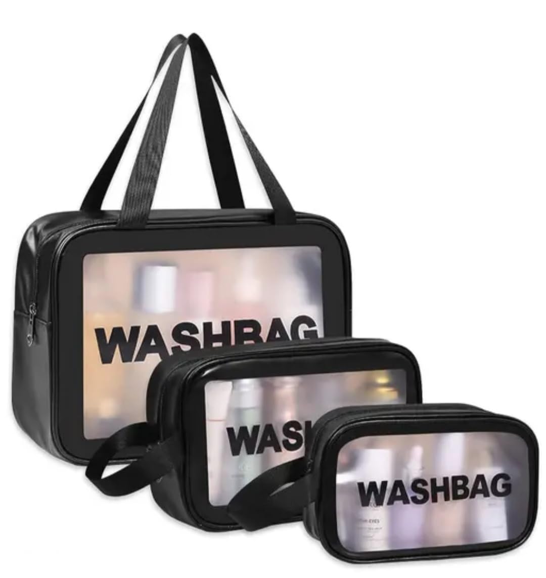 Clear Washbag Set of 3, Black PVC Travel Toiletry Bags, Transparent Makeup Organizer Pouches