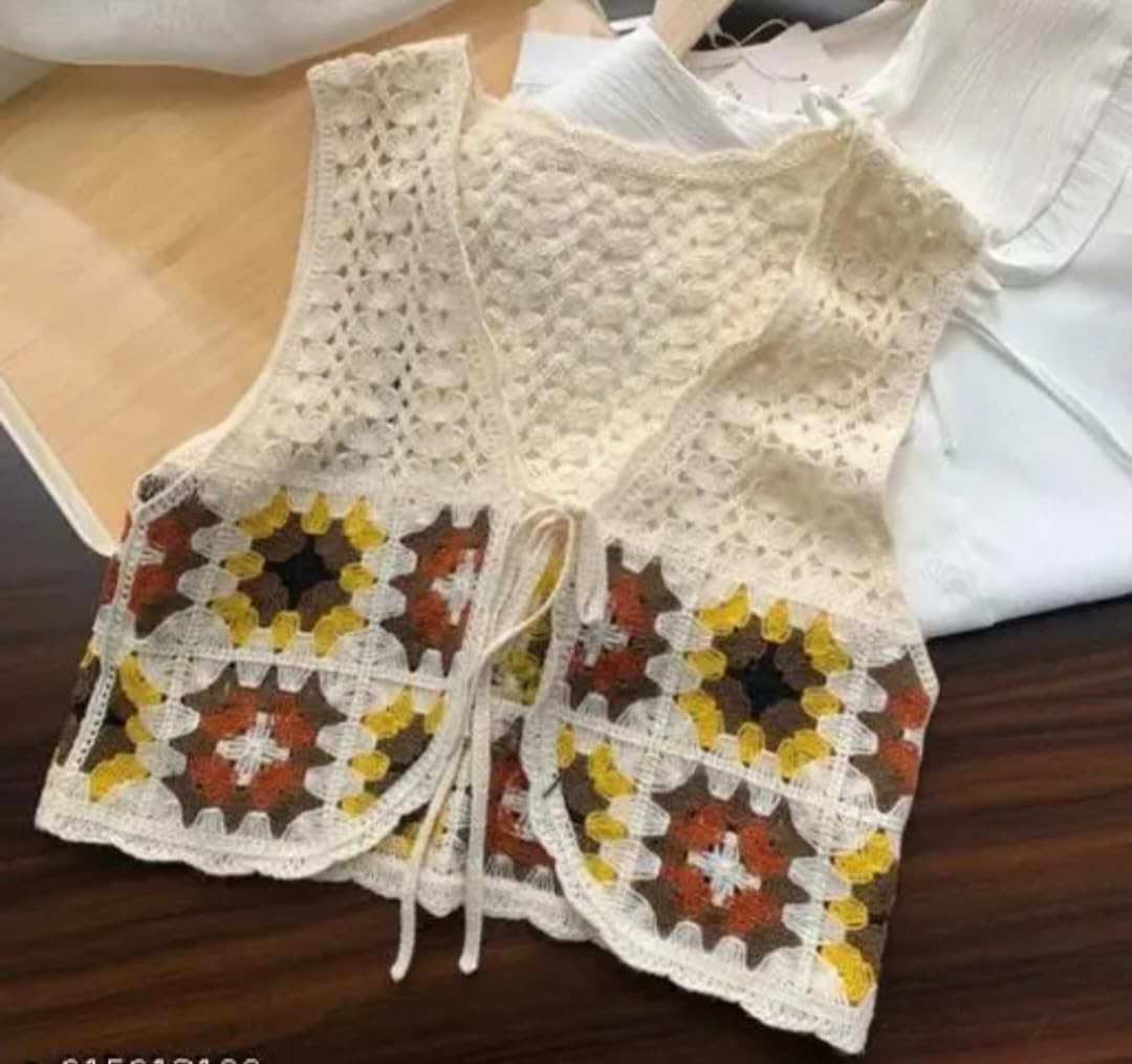 Women's Crochet Handmade Vest, Cream, Granny Square Floral Pattern, Tie-Front, Boho Style