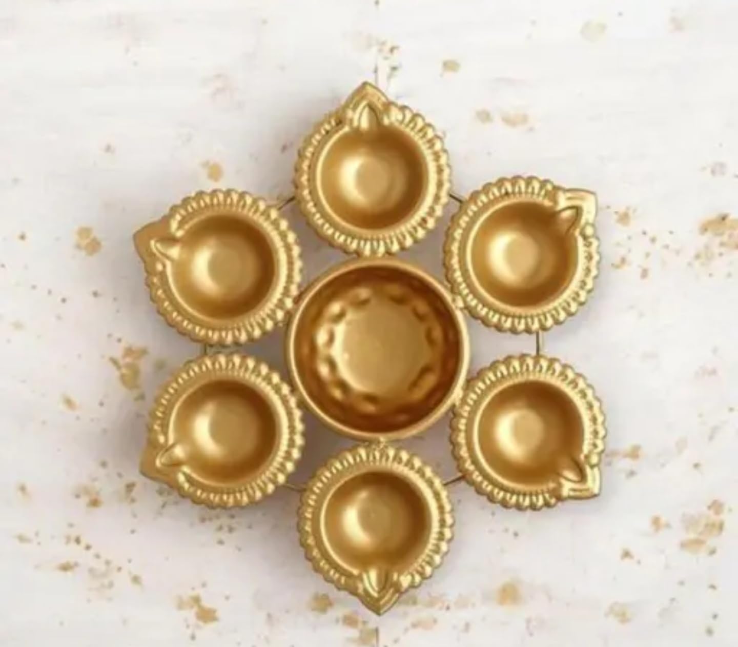 Decorative Gold Diya Set, Traditional Brass Oil Lamp Holders for Puja, Ornate Scalloped Design, 8 Connected Diyas