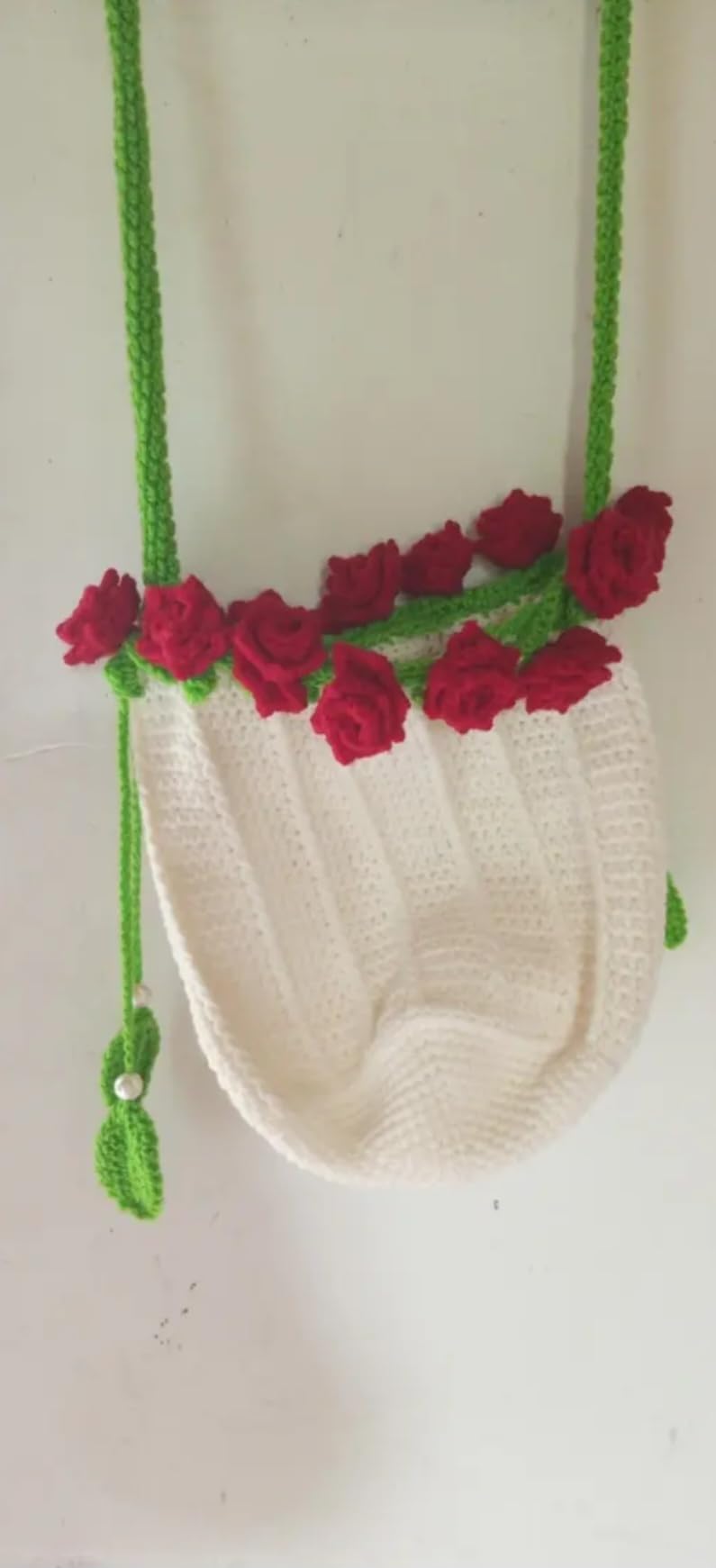 Handmade Crochet Crossbody Bag, Cream with Red Rose Floral Embellishment, Green Strap, Knit Drawstring Purse