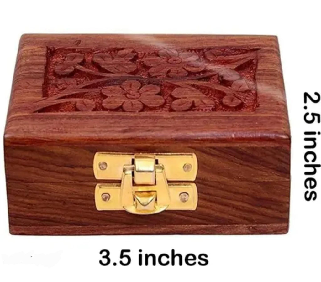 Handcrafted Wooden Jewelry Box, Brown Sheesham Wood with Brass Latch, Floral Carved Design, Gold Tree Inlay, Small Storage Box