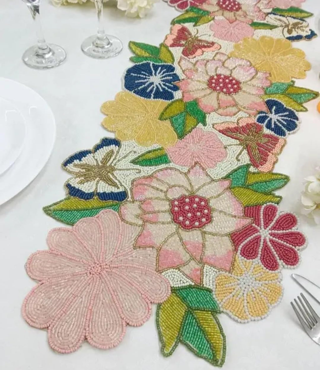 Beaded Floral Table Runner, Multicolor, Embroidered Design, Pink Yellow Blue Green, Spring Garden Theme