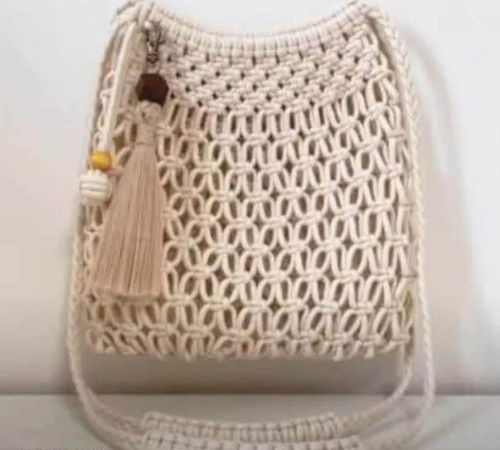 Handmade Macrame Hanging Storage Bag, Cream Cotton Rope, Wall Organiser