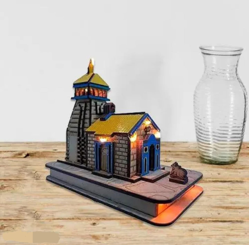 Decorative LED Lighthouse Model, Illuminated Wooden Temple Design, Handcrafted Home Decor with Light Effects, Rustic Style, Ram Mandir