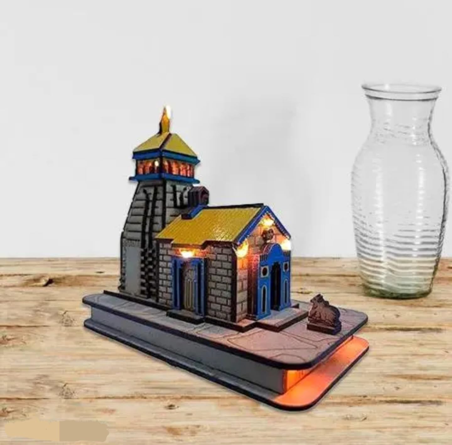 Decorative LED Lighthouse Model, Illuminated Wooden Temple Design, Handcrafted Home Decor with Light Effects, Rustic Style, Ram Mandir