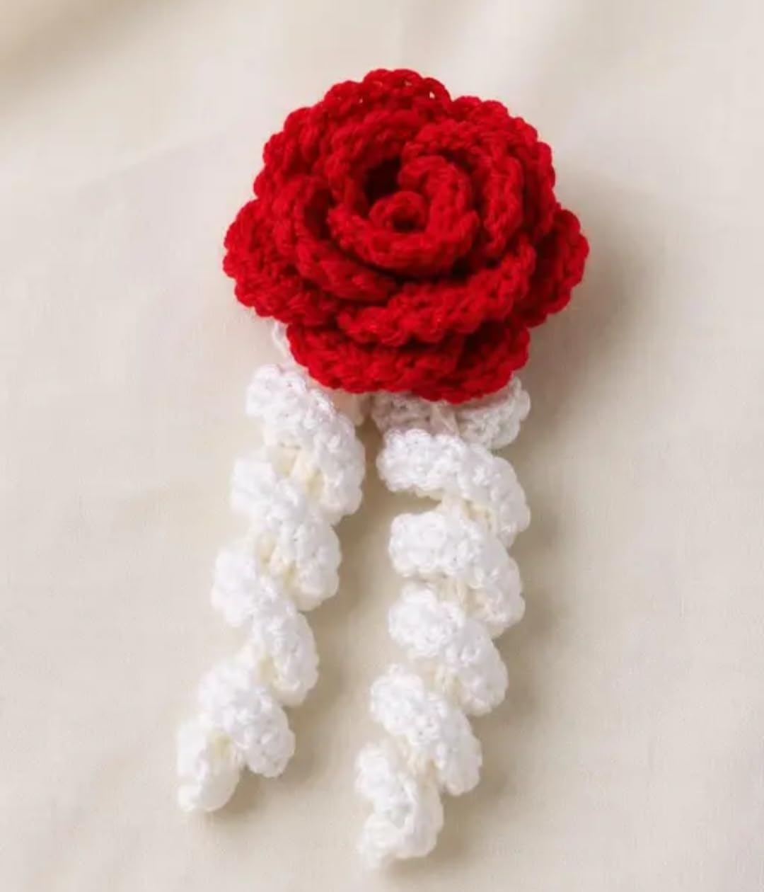 Crochet Rose Hair Bun Accessory, Red and White, Floral with Hanging Tassels, Bridal Style