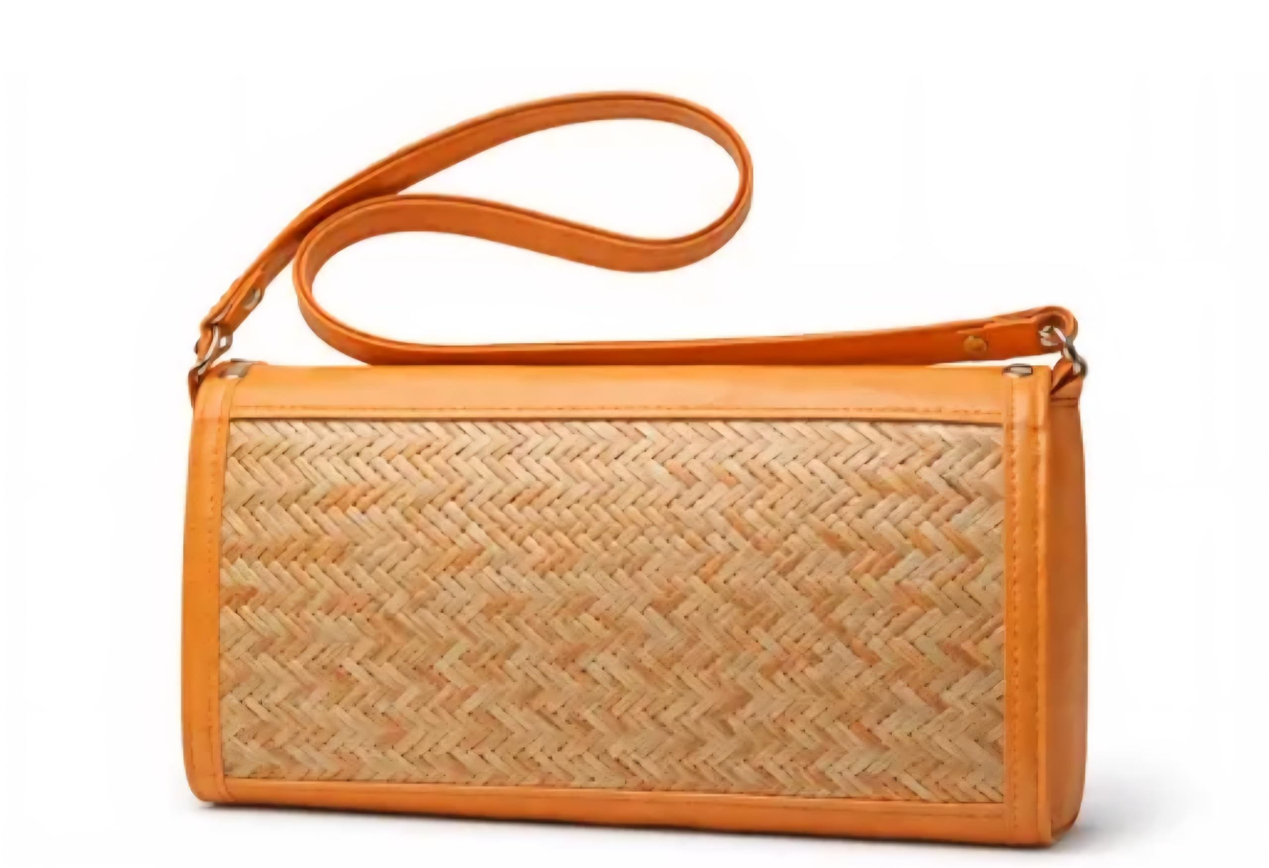 Woven Straw Crossbody Bag, Orange Trim, Gold Clasp, Shoulder Purse, Natural Beige