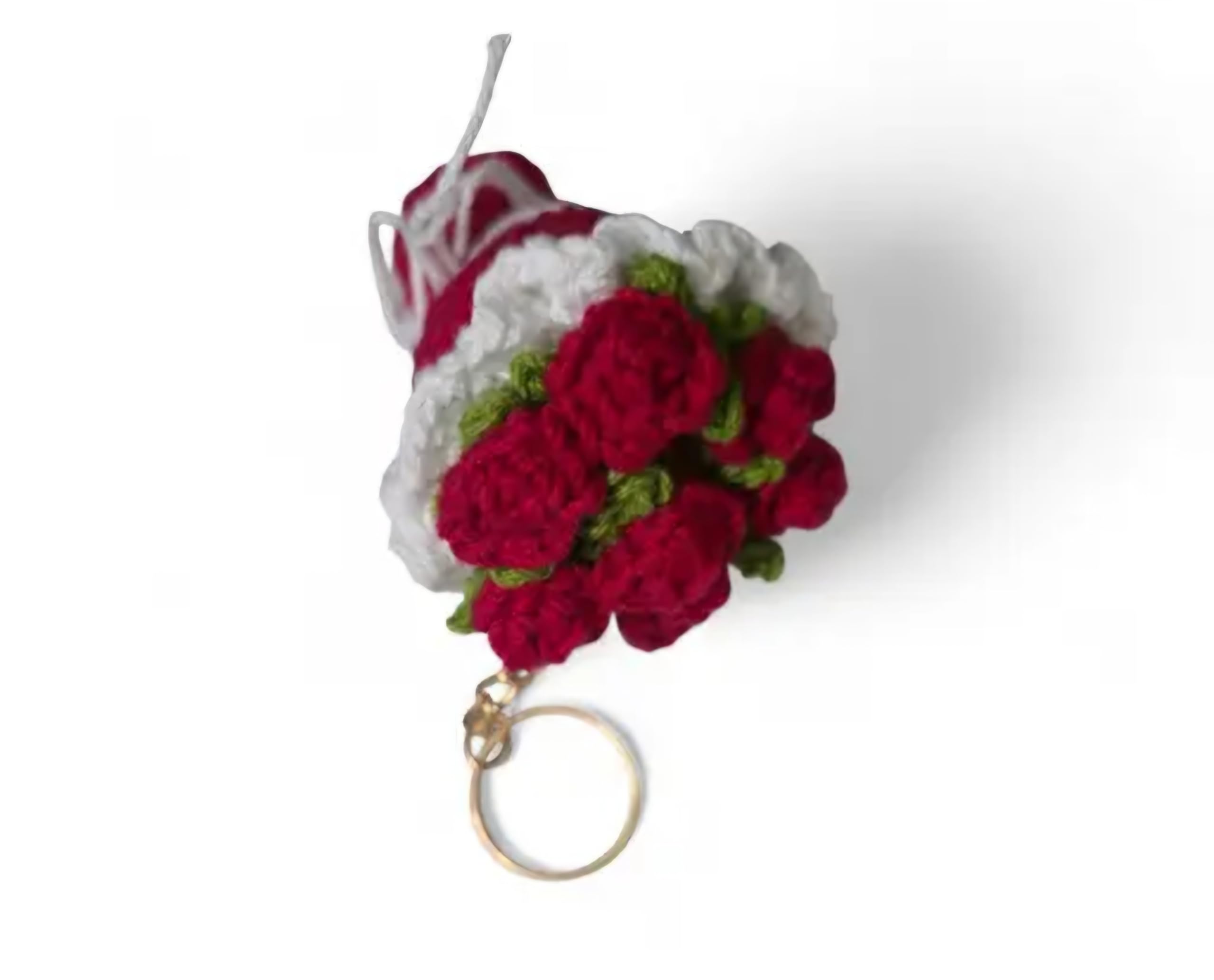 Crochet Rose Bouquet Keychain, Handmade Knit Floral Charm, Red and White, Accessory