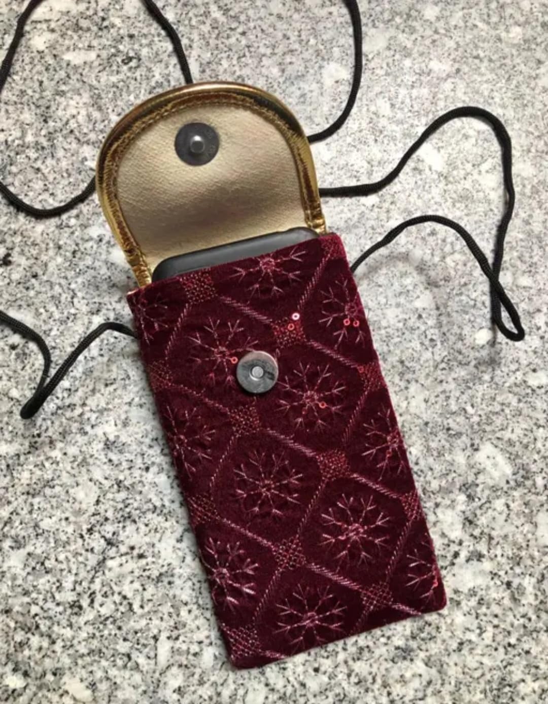 Embroidered Velvet Mobile Pouch, Wine Red, Gold Frame Clasp, Sequin Detail, Wristlet Strap