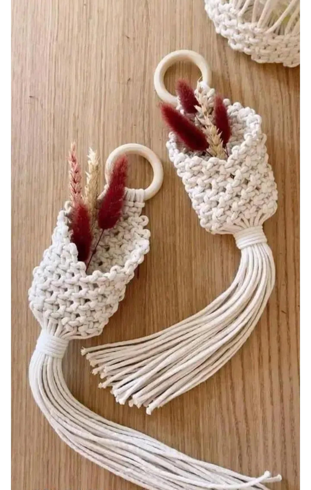 Macrame Wall Hanging Storage Pockets with Tassels, Handwoven Cotton Rope Organiser, Set of 3, White