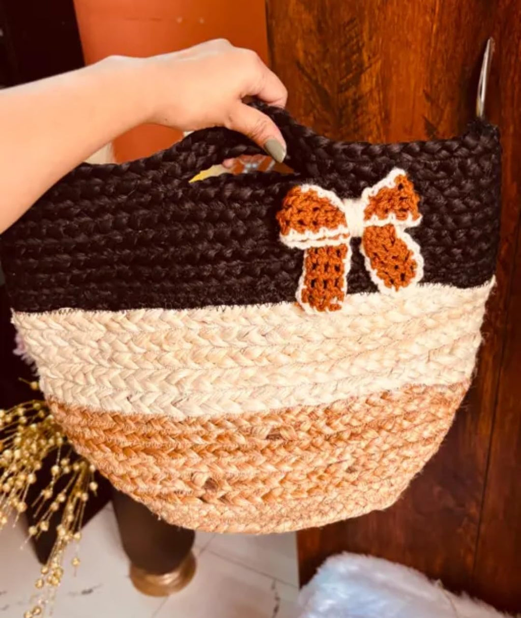 Handwoven Jute Storage Basket, Tricolor Black, Natural and Tan, Crochet Flower Accent