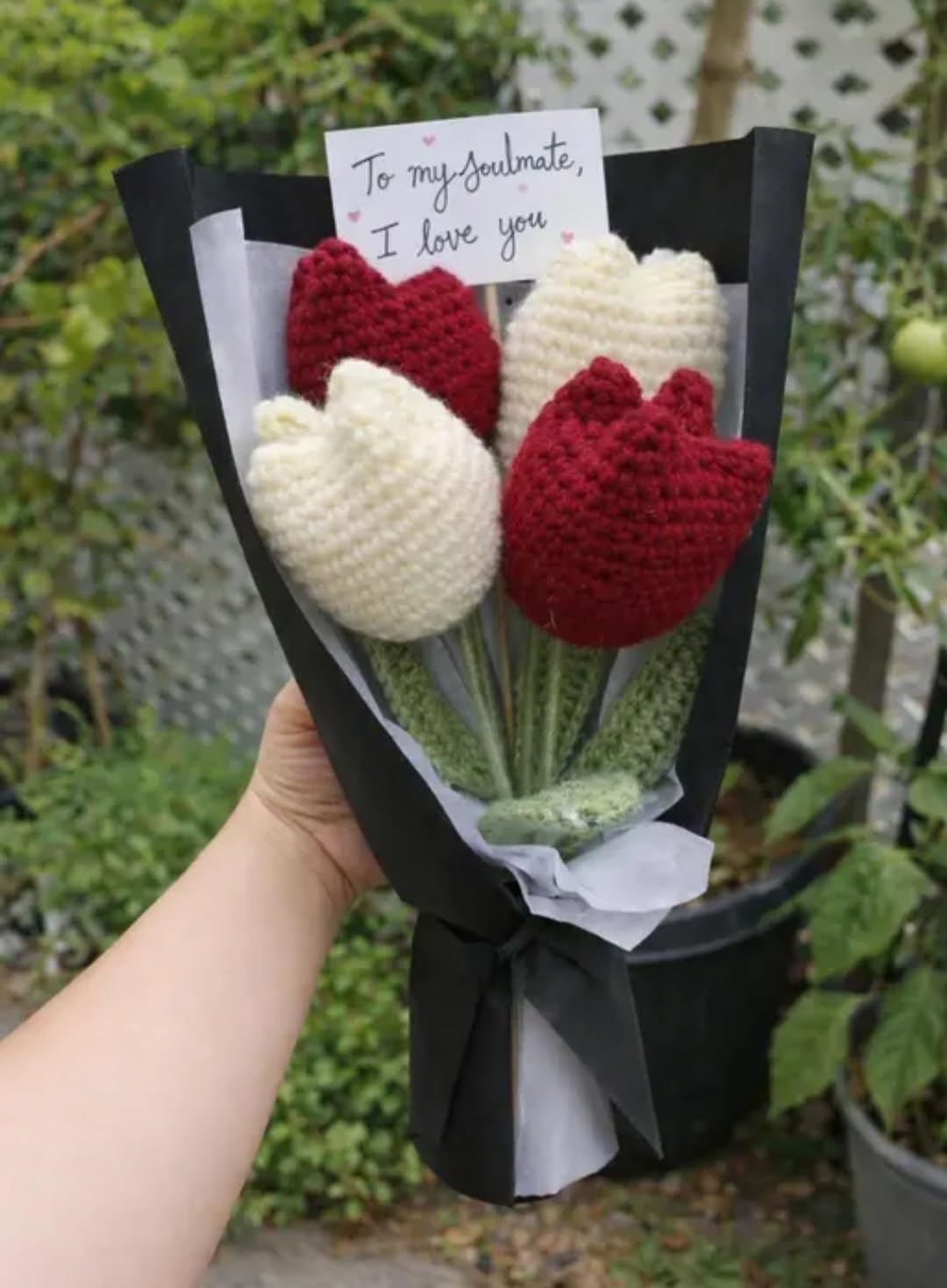 Handmade Crochet Tulip Bouquet, Red and Cream, Knitted Flowers, Valentine's Day Gift