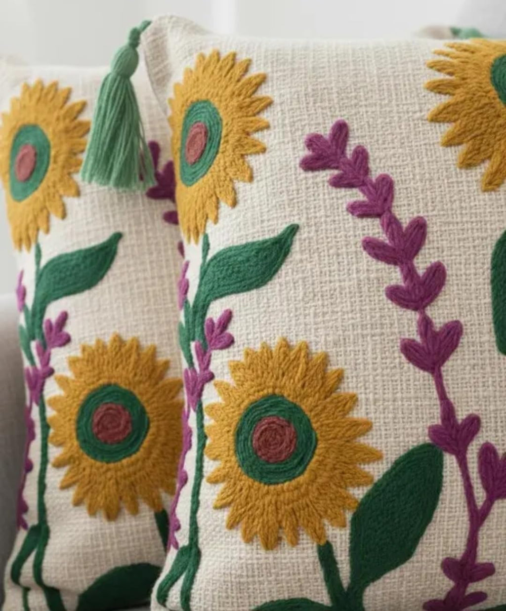 Handcrafted Sunflower Embroidered Throw Pillow Cover with Green Tassels, Floral Boho Style, Decorative Cushion Cover