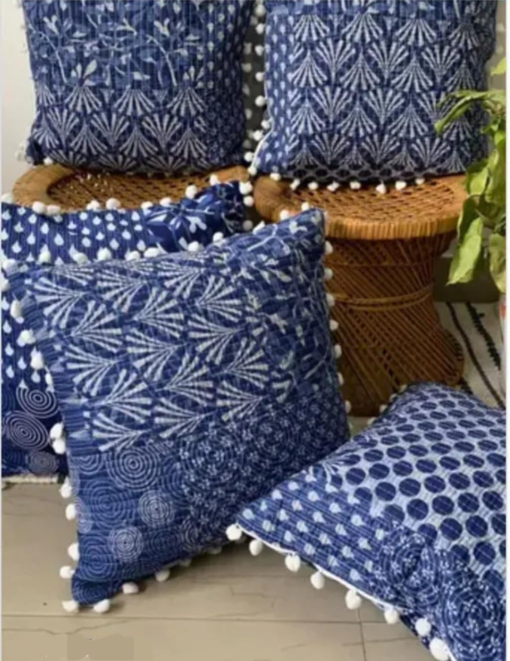 Indigo Blue Decorative Handmade Throw Pillow Cover with White Pom Pom Trim, Hand Block Print Jaipuri Kantha Pattern, Cotton Cushion Covers