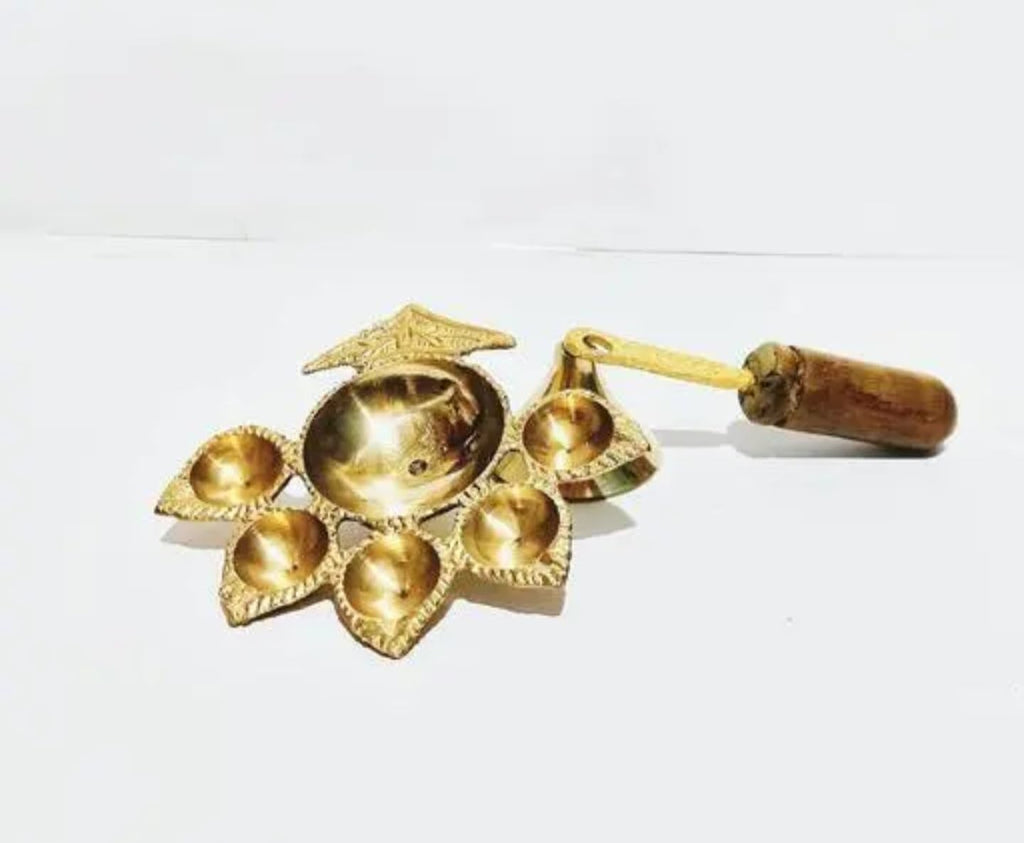 Traditional Brass Oil Lamp, 9-Wick Decorative Diya, Antique Gold, Metal Standing Design for Pooja, Religious Ceremonies