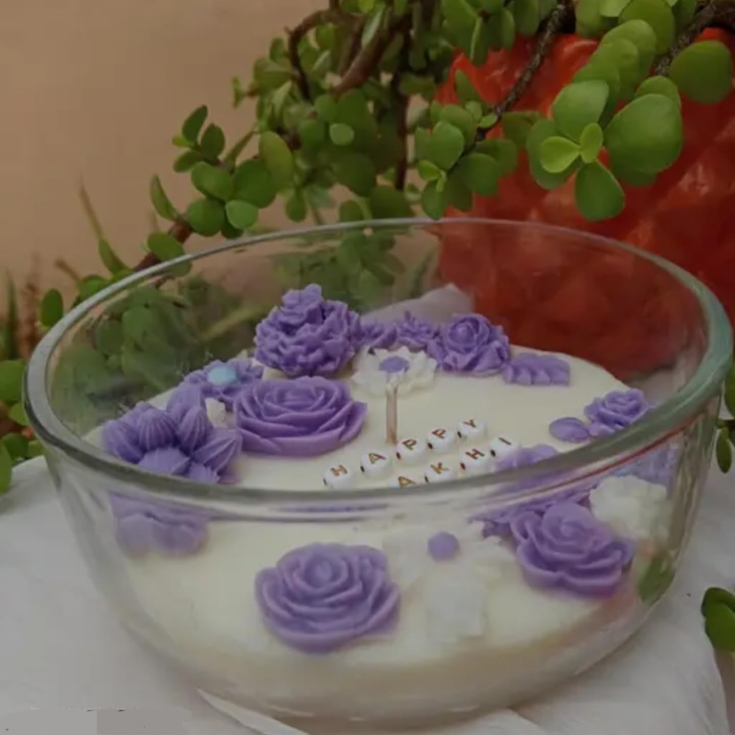 Elegant Round Birthday Cake with Purple Rose Decorations, White Fondant, Glass Display Plate