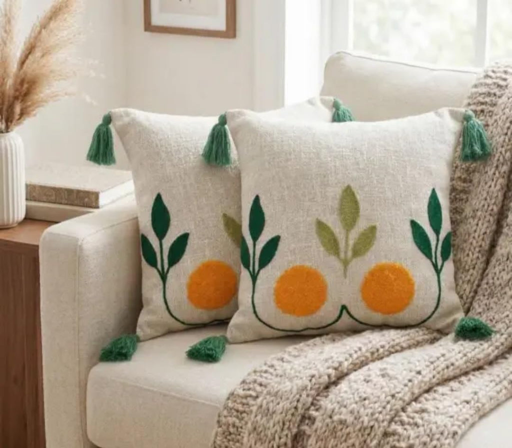 Handcrafted Throw Pillow Cover with Green Tassels, Botanical Orange Fruit Design, Cream Cotton Linen