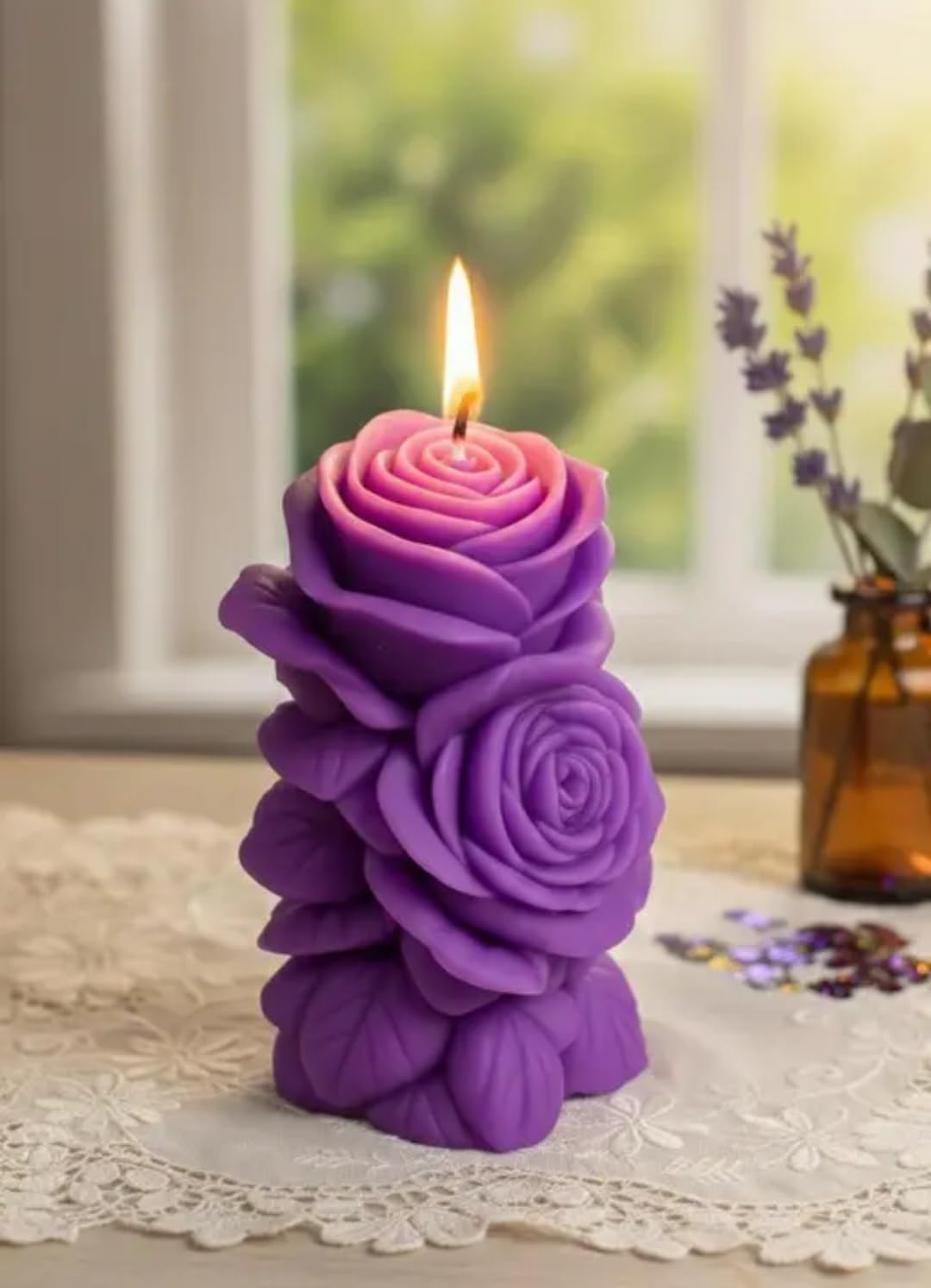 Rose Shaped Decorative Pillar Candle, Purple, Floral Sculpted Design, Home Decor