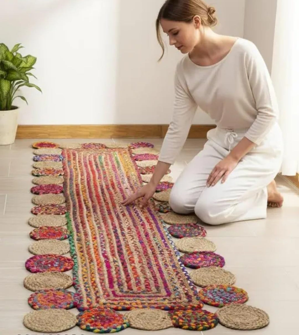 Handwoven Jute and Cotton Braided Runner Rug, Multicolor, Boho Style, with Round Medallion Border