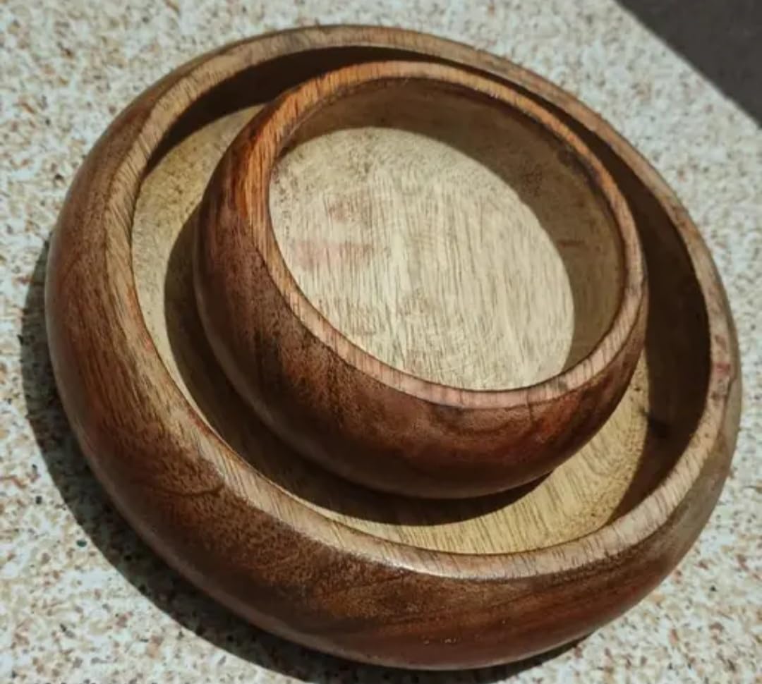 Wooden Serving Bowls Set of 2, Natural Wood Finish, Round Shape, Handcrafted Kitchen Tableware