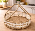 Round Woven Seagrass Basket Tray with Handle, Natural and White, Boho Style
