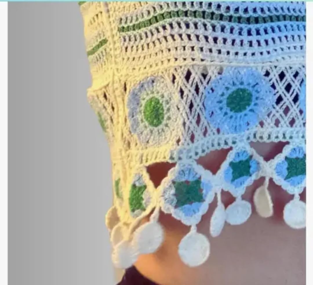 Crochet Handmade Crop Tank Top, Boho Wave Pattern with Tassel Hem, Blue and Green