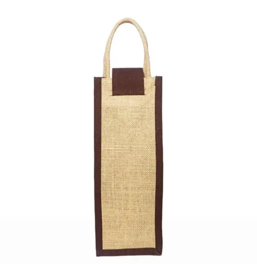 Jute Wine Bottle Bag with Warli Print, Rope Handle, Wooden Button Closure, Gift Tote