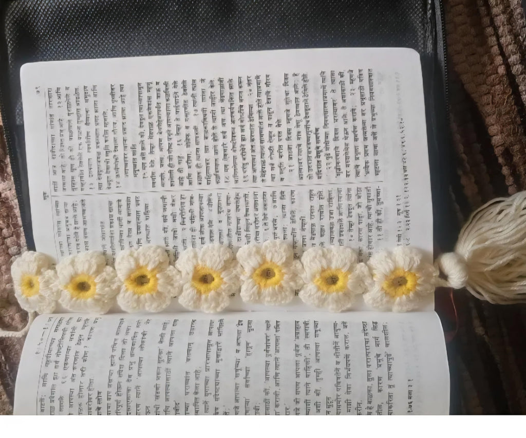 Crochet Daisy Bookmark with Tassel, Handmade Floral Design, Cream and Yellow, Set of 2