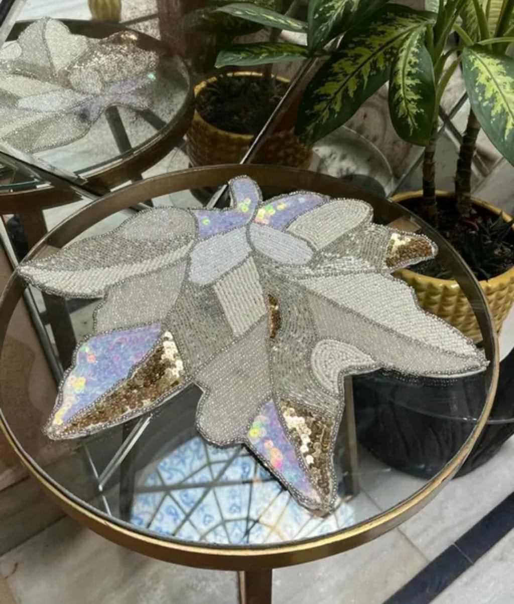 Beaded Dragonfly Decorative TableRunner, Silver with Gold and Iridescent Sequin Details, Handcrafted
